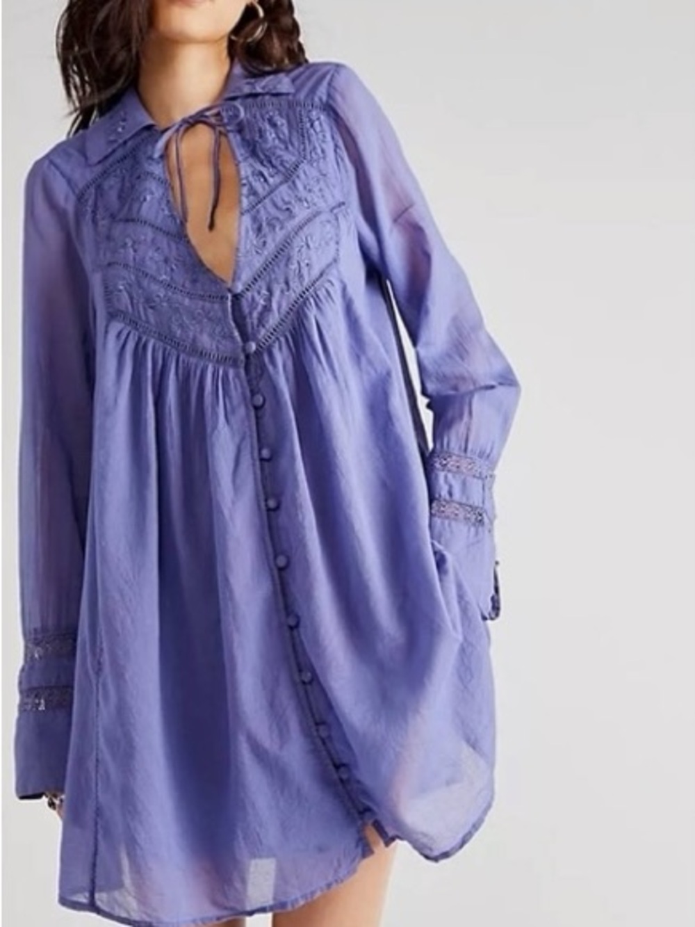 Free People Haddie Solid Mini Dress Prep Peri Blue Embroidered Boho Tunic L $165 - Picture 2 of 11